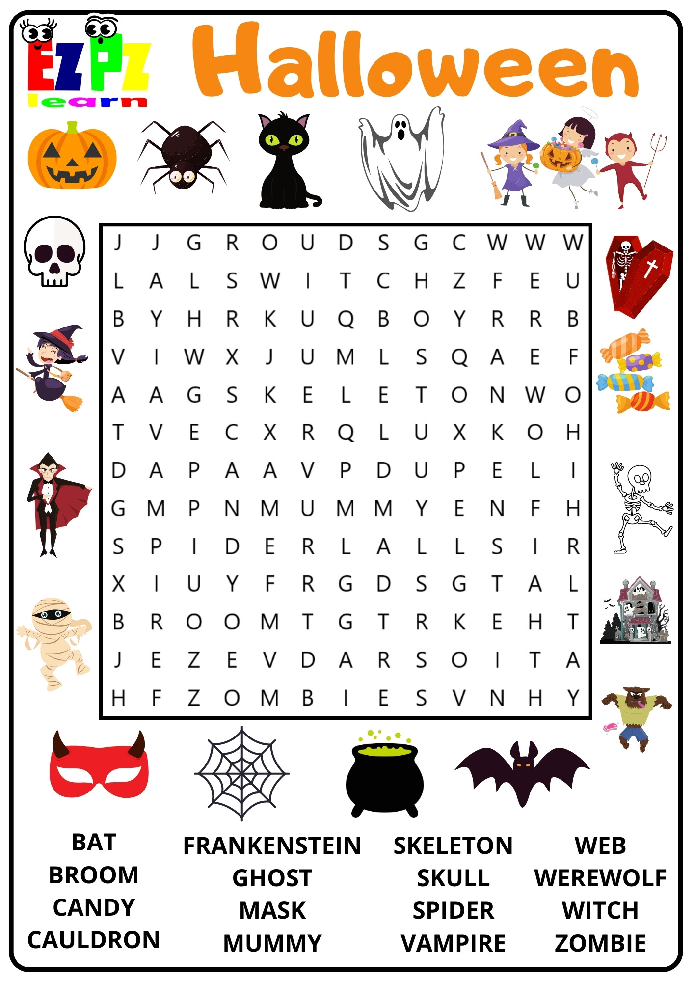 Halloween Holiday Word Search Free Printable PDF Download 16 Words For Kids and Adults